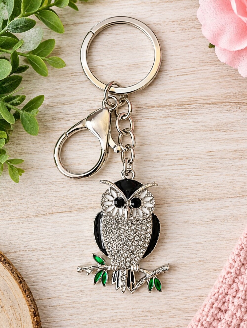 Rhinestone Owl Keychain Bag Charm - Silver & Black